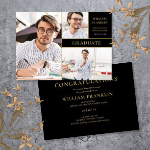 Graduate Black And Gold 3 Photo Collage Graduation Announcement