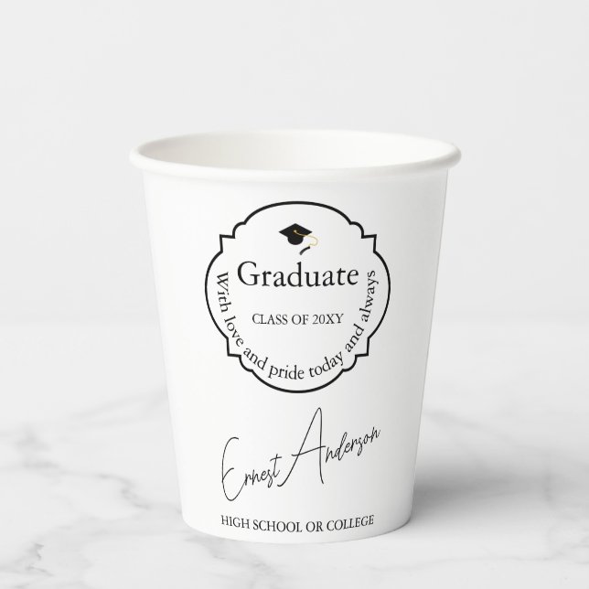Graduate Black and White Modern Elegant Graduation Paper Cups (Back)