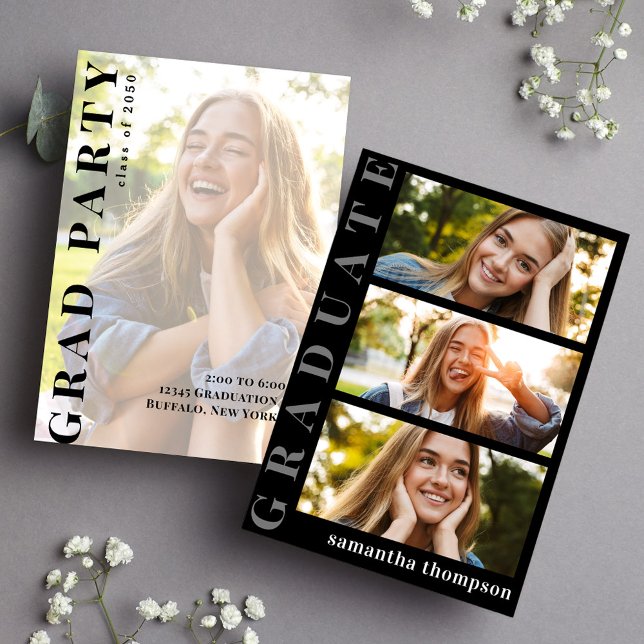 Graduate Black and White Modern Minimalist Photo  Announcement (Graduate black and white typography invitation with a tfour-photo collage template. )