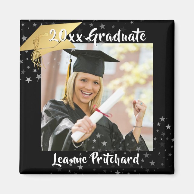 Graduate Black Gold Cap Brush Script Photo Stars Magnet (Front)