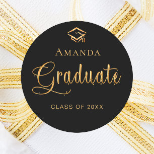 Graduate black gold name cap elegant classic round sticker