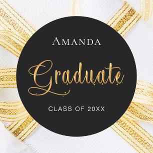 Graduate black gold name elegant classic round sticker