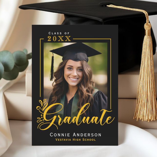 Graduate Black Gold Script Photo Graduation Announcement (Graduate Trendy Script Photo Graduation Announcement)