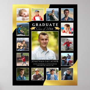 Graduate Black Metallic Gold 15 Photo Collage Poster