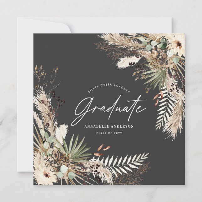 Graduate black pampas eucalyptus elegant photo invitation (Front)