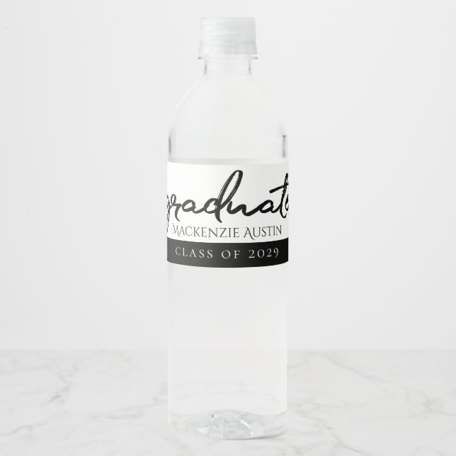 Graduate Black Script | Classic Keepsake with Year Water Bottle Label (Front)