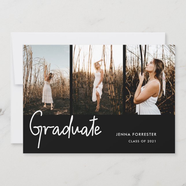 Graduate Black Three Photos Graduation Party Invitation (Front)