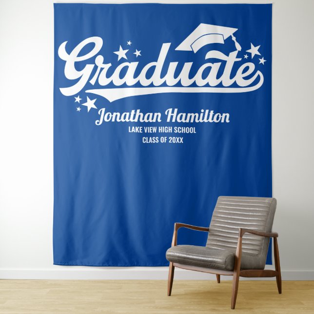 Graduate Blue Graduation Party Backdrop Tapestry (In Situ)