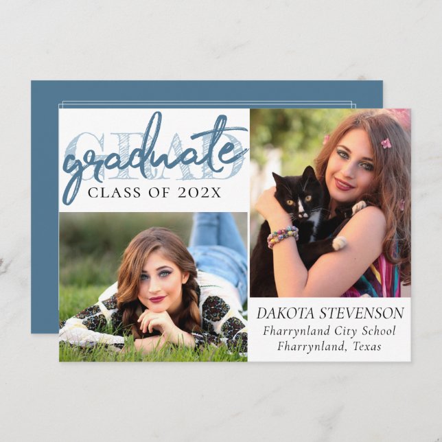 Graduate Blue Script | Cool Brush 2 Photo Keepsake Invitation (Front/Back)