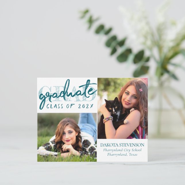 Graduate Blue Script | Cool Brush 2 Photo Keepsake Postcard (Standing Front)