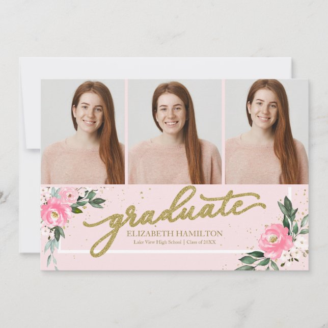Graduate Blush Floral Grad Announcement 3 Photo (Front)