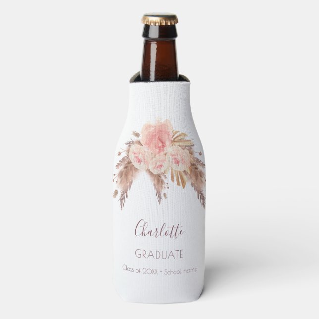 Graduate blush rose floral pampas grass bottle cooler (Bottle Front)