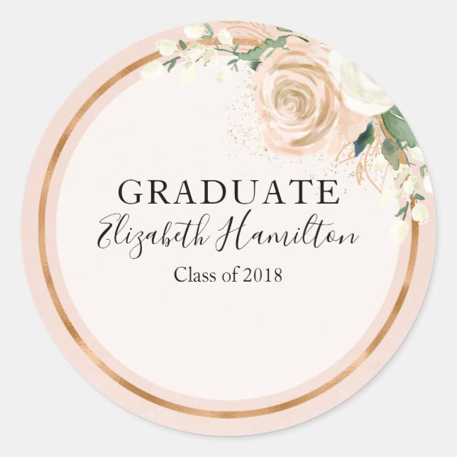 Graduate Blush & Rose Gold Modern Chic Floral Classic Round Sticker (Front)