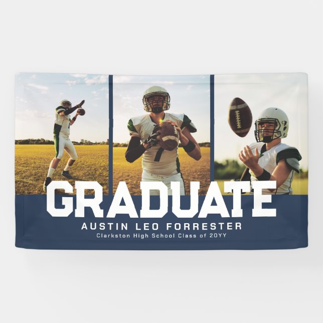 Graduate bold sporty navy three photo graduation banner (Horizontal)