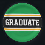 GRADUATE Bright Green Black Yellow Racing Stripes Paper Plate<br><div class="desc">This sporty,  athletic design features bold GRADUATE text inside a highlighted wide black stripe with double white and yellow racing stripes against bright green outer stripes.   The text in this design can be personalised.</div>