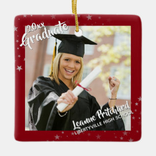Graduate Brush Script Photo Editable Red Ceramic Ornament