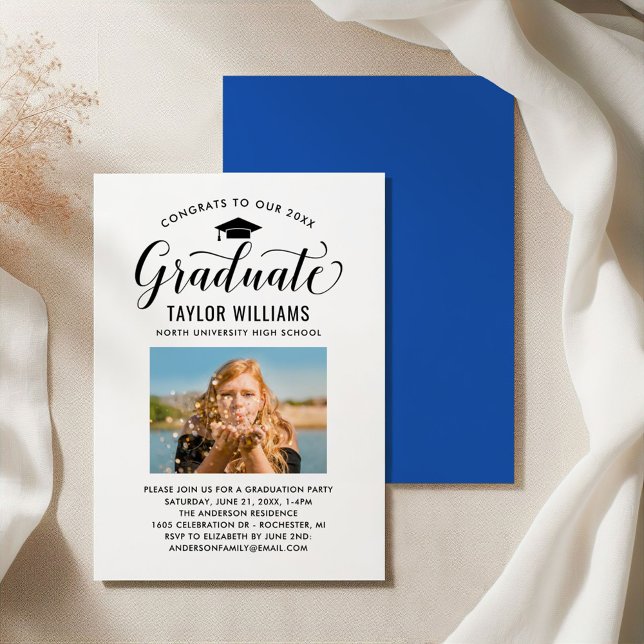 Graduate Calligraphy Photo Blue Graduation Party Invitation (Creator Uploaded)