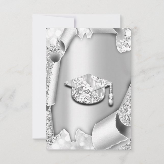 Graduate CAP Bachelorette 3d Glitter Silver Grey Invitation (Back)