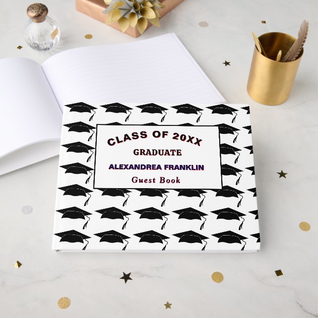 Graduate Cap Graduation Class Party Personalise Guest Book (Front Open)