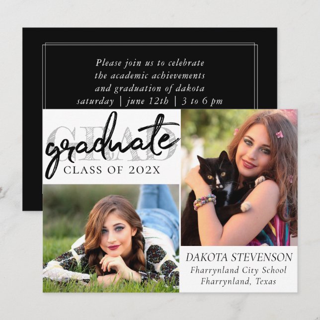 Graduate Chic Script | Simple 2 Photo Keepsake Invitation (Front/Back)