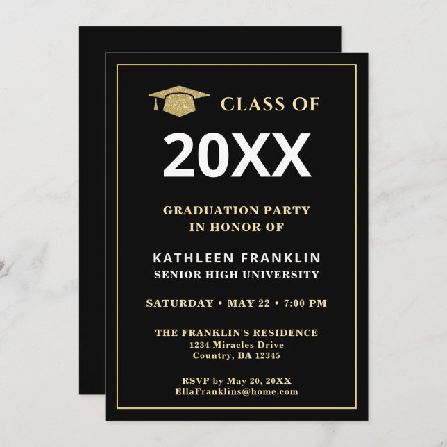 Graduate Class Graduation Gold Black Elegant Invitation (Front/Back)