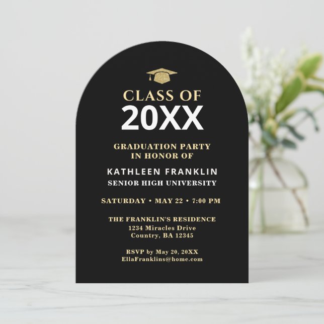 Graduate Class Graduation Gold Black Elegant Invitation (Standing Front)