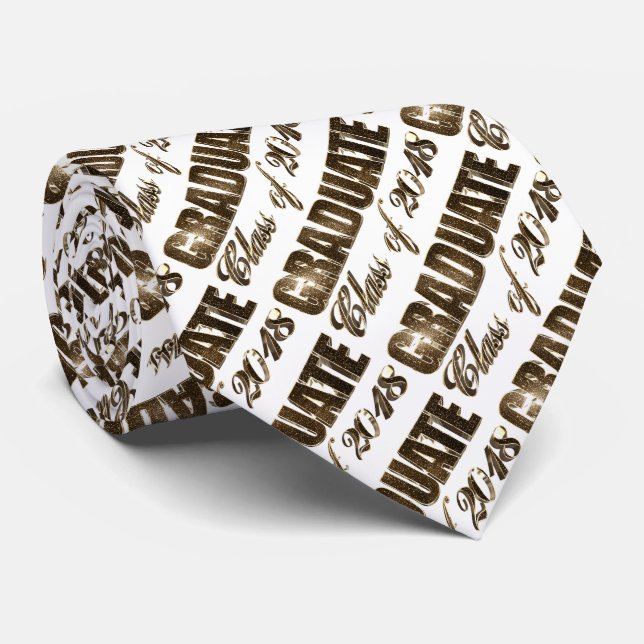 Graduate Class of 2018 Gold and White Text Pattern Tie (Rolled)