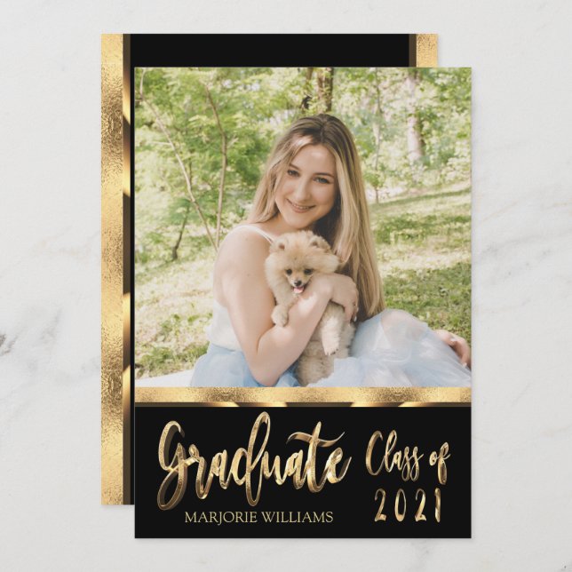 Graduate Class of 2021 Black and Gold Script Invitation (Front/Back)
