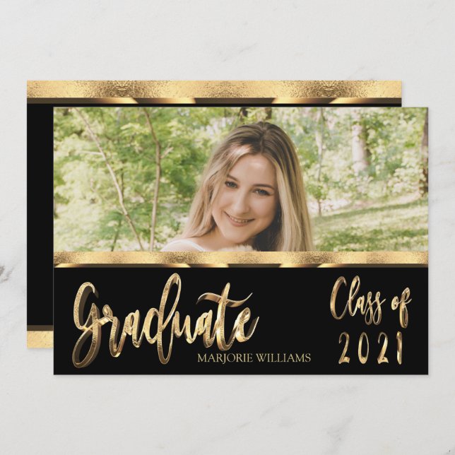 Graduate Class of 2021 Black and Gold Script Invitation (Front/Back)