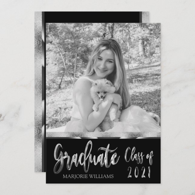 Graduate Class of 2021 Silver Black and White Invitation (Front/Back)