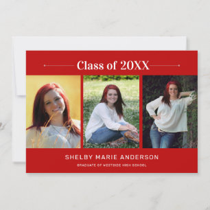 Graduate Classic Minimal 3 Photos Red Graduation Invitation