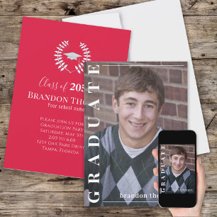 Graduate Classic Photo Simple Laureate Crimson Red Invitation