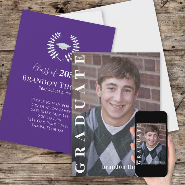 Graduate Classic Photo Simple Laureate Purple Invitation (Creator Uploaded)