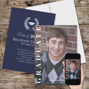 Graduate Classic Photo Simple Navy Blue Laureate  Invitation