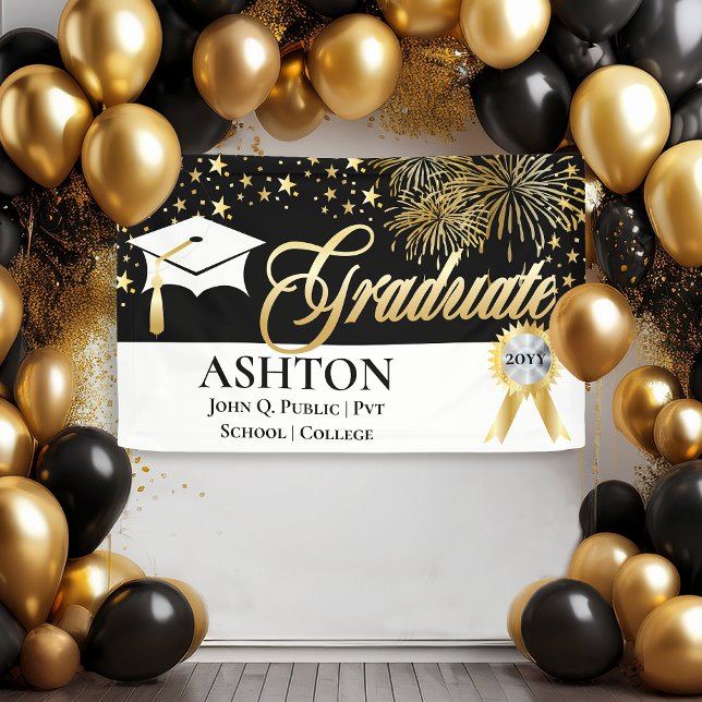 Graduate Classy Elegant Fireworks | Stars Black Banner (Classy and Elegant Gold Tone Fireworks and Stars Graduate on Black and White Graduation Party Banner)