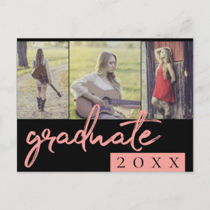 Graduate Collage   Coral Script 3 Photo Keepsake Invitation Postcard