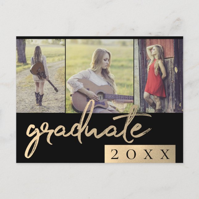 Graduate Collage | Gold Script 3 Photo Keepsake Invitation Postcard (Front)