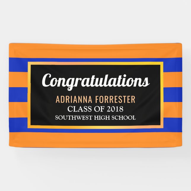 Graduate Congratulations Navy Blue Orange Stripes Banner (Horizontal)