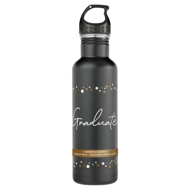 Graduate Custom School name Confetti Gold black 710 Ml Water Bottle (Front)