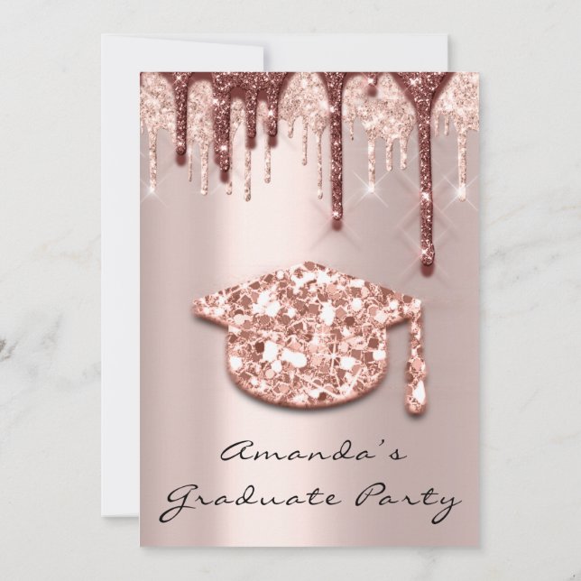 Graduate Drips Rose Gold Cap 3D Effect Glam Party Invitation (Back)
