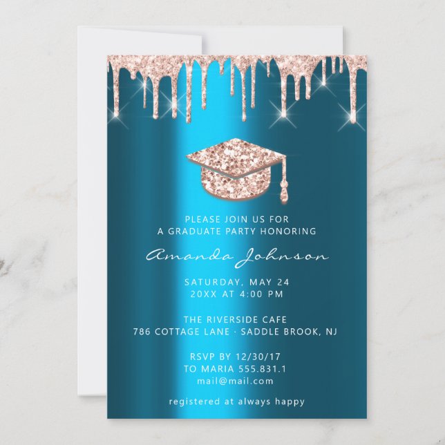 Graduate Drips Rose Gold Cap 3D Glam Teal Blue Invitation (Front)