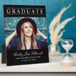 Graduate Elegant Black Photo Keepsake Plaque<br><div class="desc">A striking black graduation plaque featuring Graduate in sophisticated spaced serif type above a senior portrait, with the graduate's name in flowing script and the school name and class year in white below. The dramatic black background makes the photo and typography pop. Customise with a favourite portrait and details for...</div>