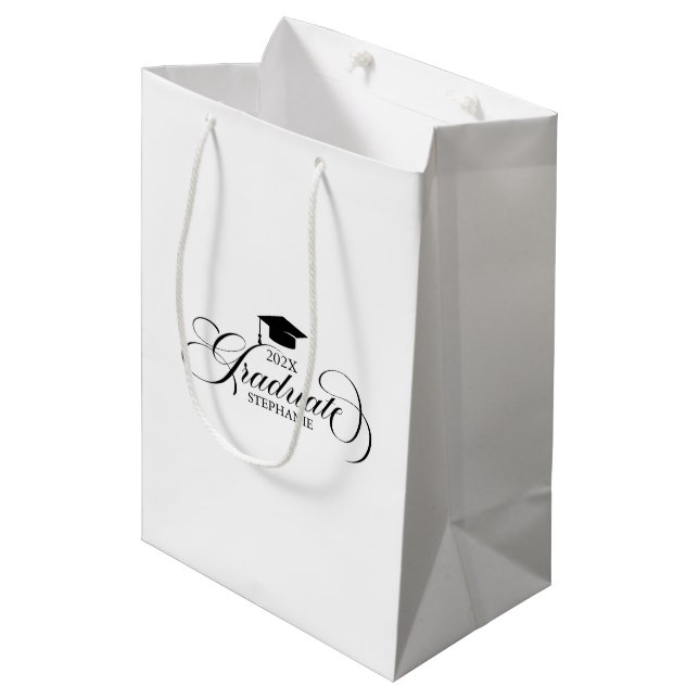 Graduate Elegant Black Script Typography Medium Gift Bag (Front Angled)