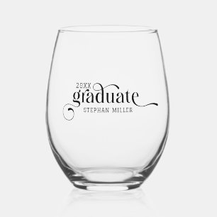 Graduate Elegant Black Swirly Typography Stemless Wine Glass
