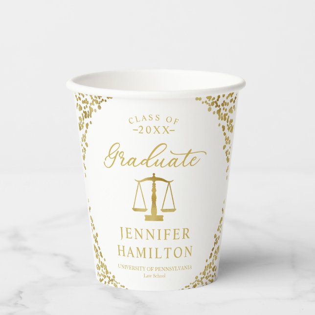 Graduate Elegant Gold Blue Law School Graduation Paper Cups (Front)