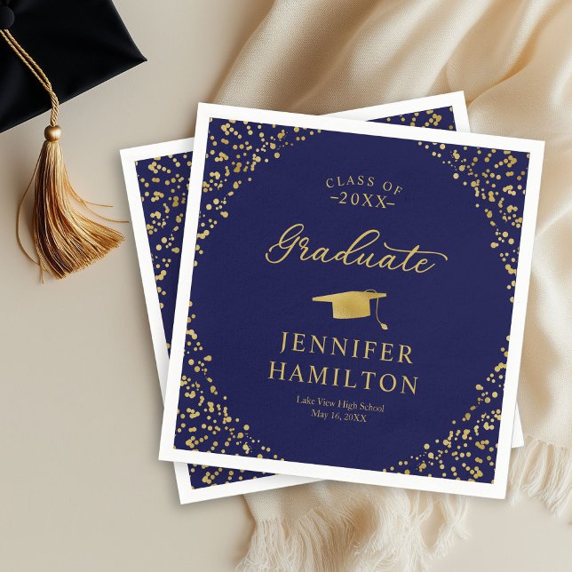 Graduate Elegant Gold Confetti On Blue Graduation Napkin (Creator Uploaded)
