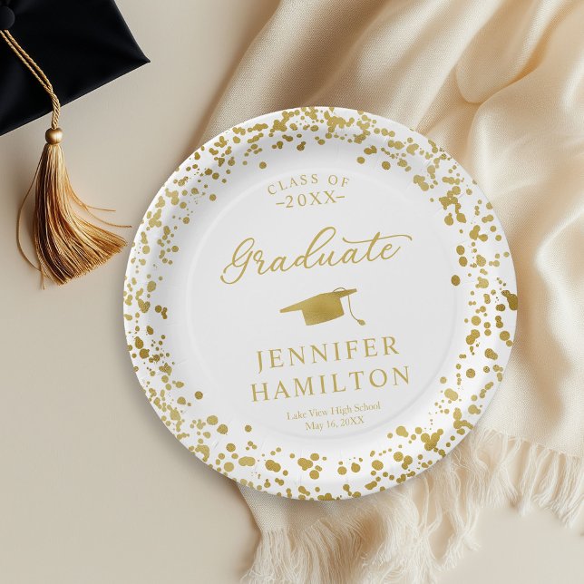 Graduate Elegant Gold Confetti On White Graduation Paper Plate (Creator Uploaded)