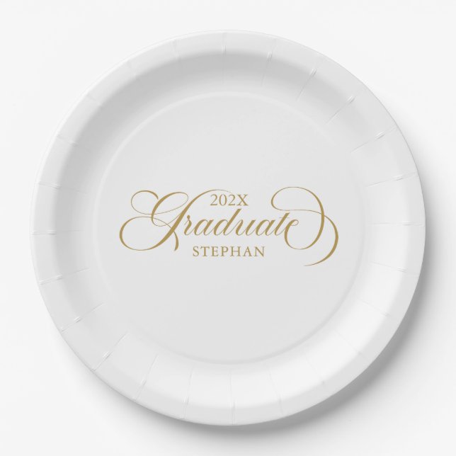 Graduate Elegant Gold Script Typography Paper Plate (Front)
