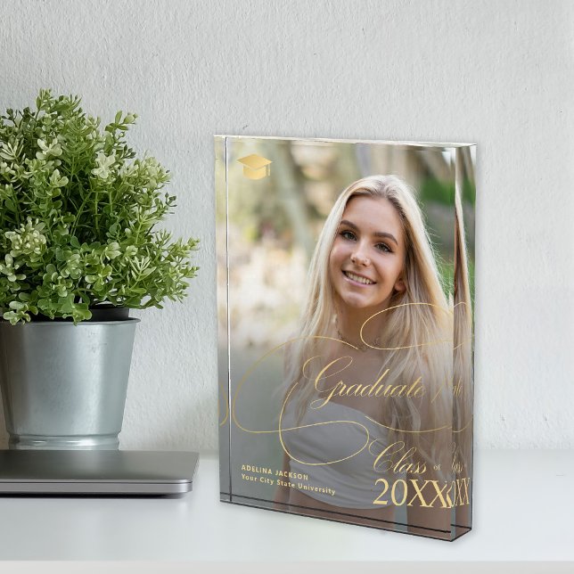 Graduate elegant minimalist gold calligraphy photo block (Creator Uploaded)