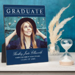 Graduate Elegant Navy Photo Keepsake Plaque<br><div class="desc">A classic navy graduation plaque featuring Graduate in sophisticated spaced serif type above a senior portrait, with the graduate's name in flowing script and the school name and class year in white below. The rich navy background lends a polished, school-colour-ready feel. Customise with a favourite photo and details for a...</div>